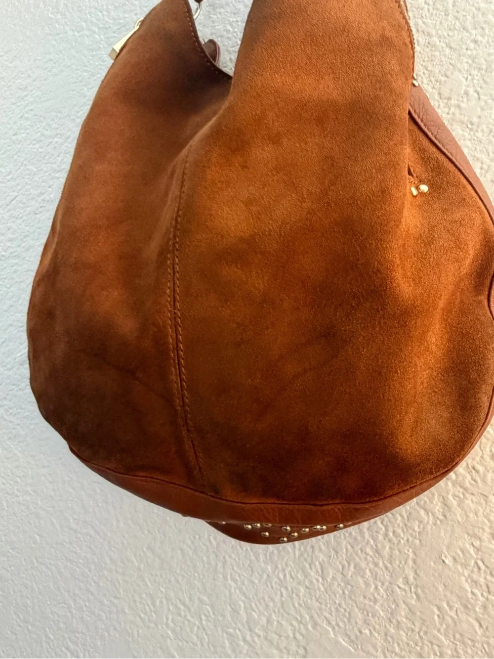 INC International Concepts Cognac Brown Suede Studded Hobo Bag